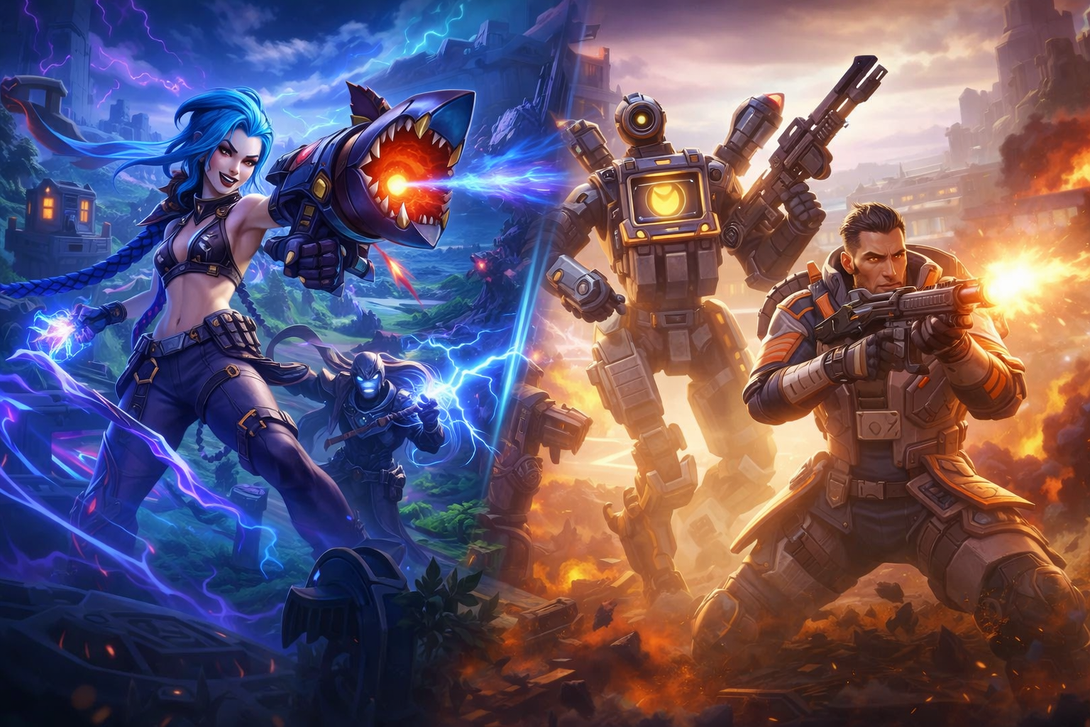 Escena de esports inspirada en League of Legends y Apex Legends, con combate intenso, energía visual y una atmósfera bien prendida