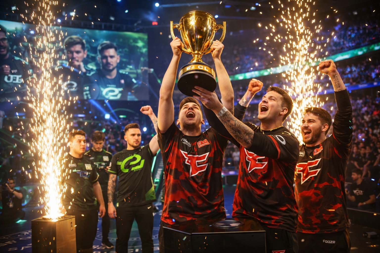 Equipo levantando un trofeo en un escenario de Call of Duty, con chispas, público y una atmósfera competitiva bien brigida