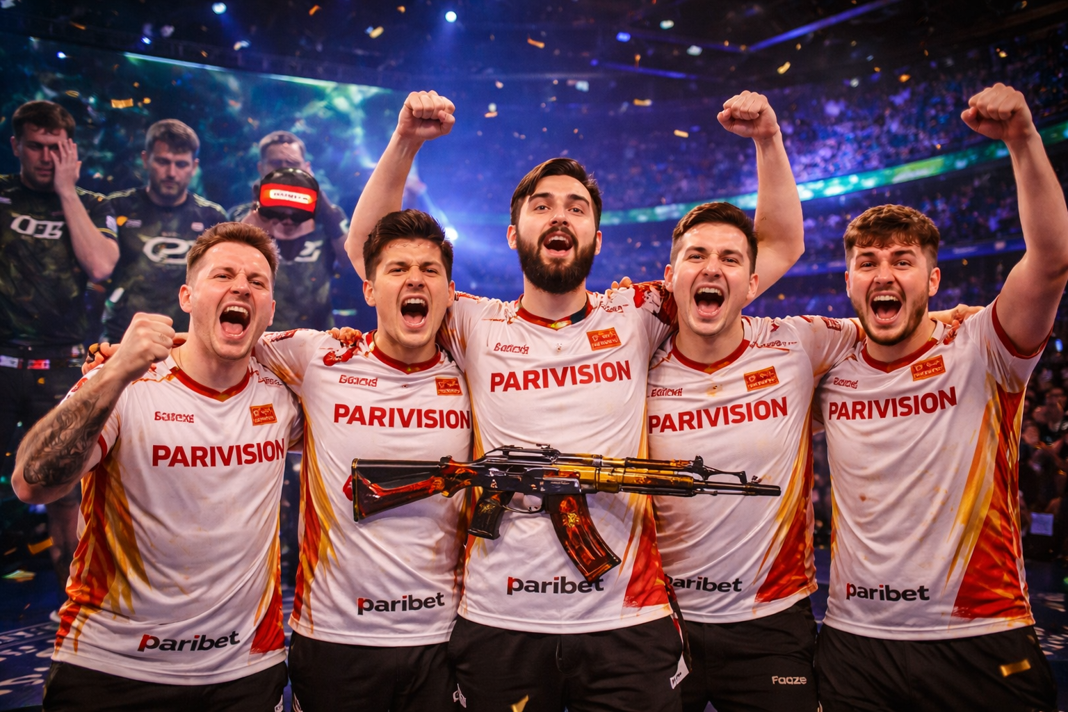 Equipo celebrando una victoria en un escenario de Counter-Strike, con arena llena, tensión competitiva y ambiente full esports