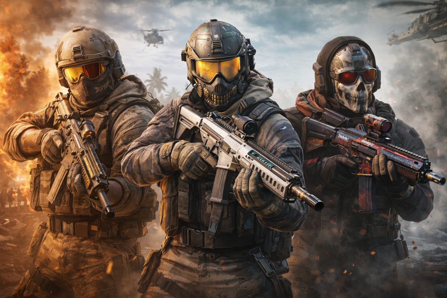 Operadores armados en una escena intensa de Warzone, con humo, explosiones y una vibra competitiva bien pesada