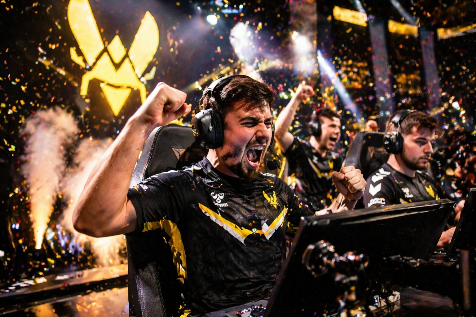 Jugadores celebrando una victoria en una arena de Counter-Strike, con confeti, luces fuertes y un ambiente competitivo bien prendido