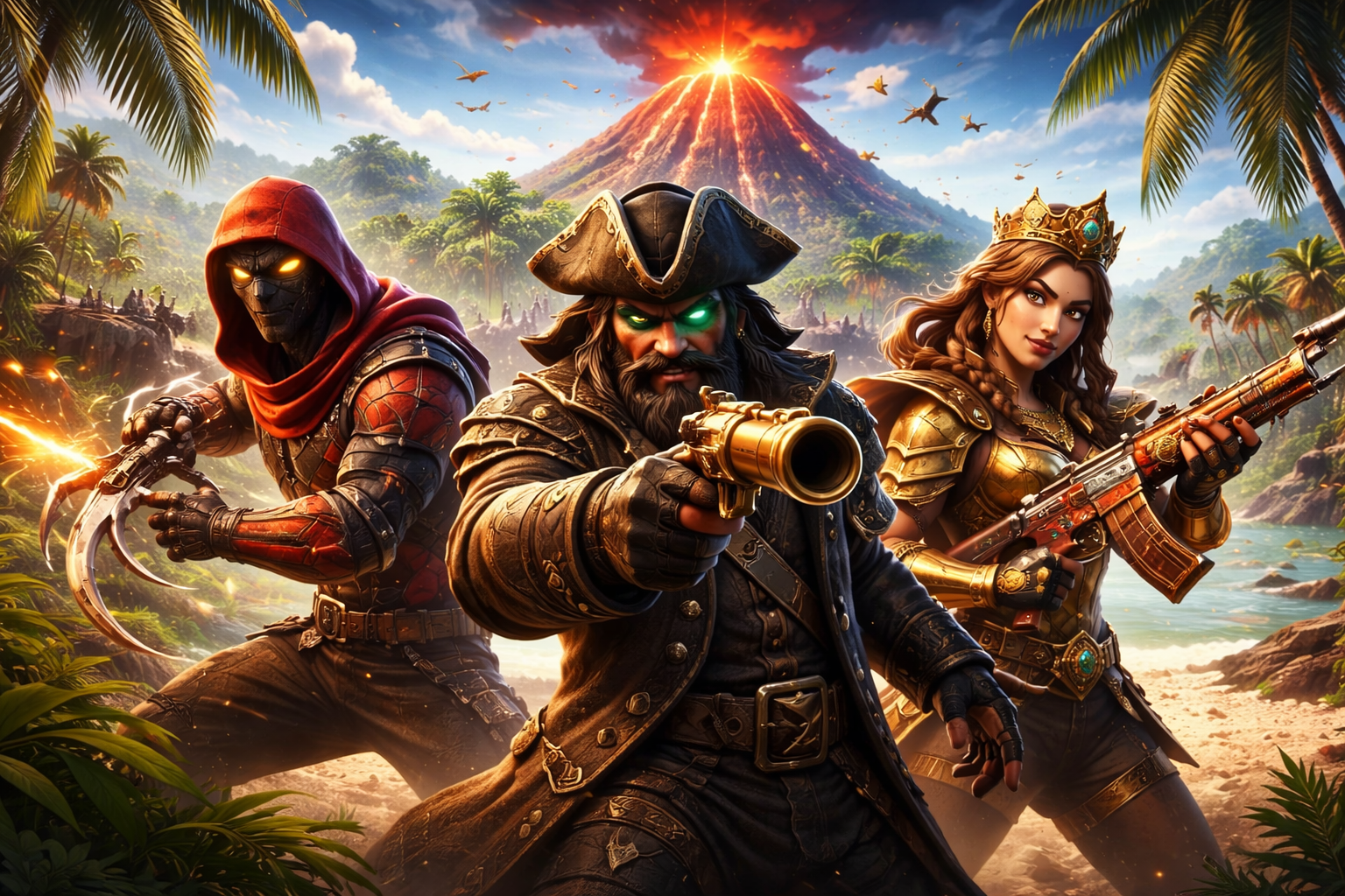Personajes con estética pirata en una isla tropical de Fortnite, con volcán al fondo y una vibra de aventura bien prendida