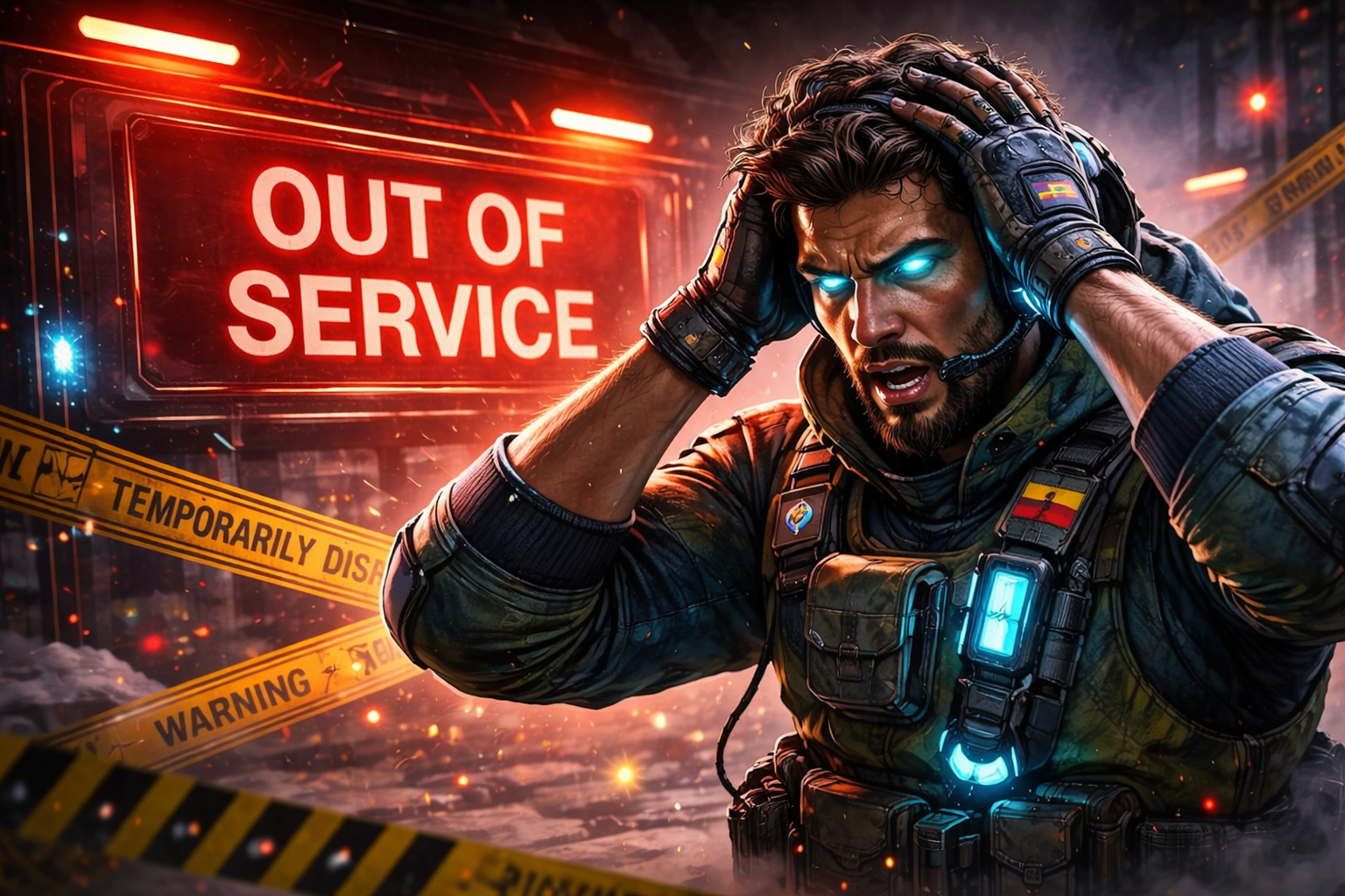 Agente en una escena tensa de VALORANT, con luces de alerta, ambiente de error crítico y una vibra bien intensa