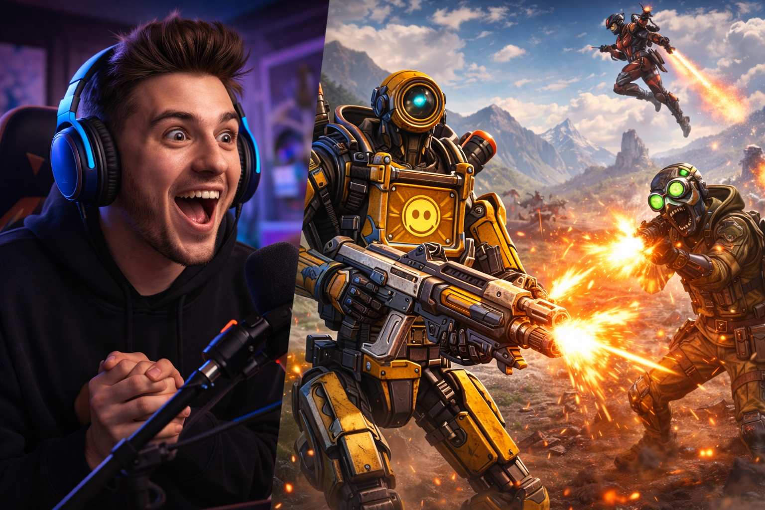 Escena de combate inspirada en Apex Legends, con acción intensa, energía competitiva y una atmósfera full esports