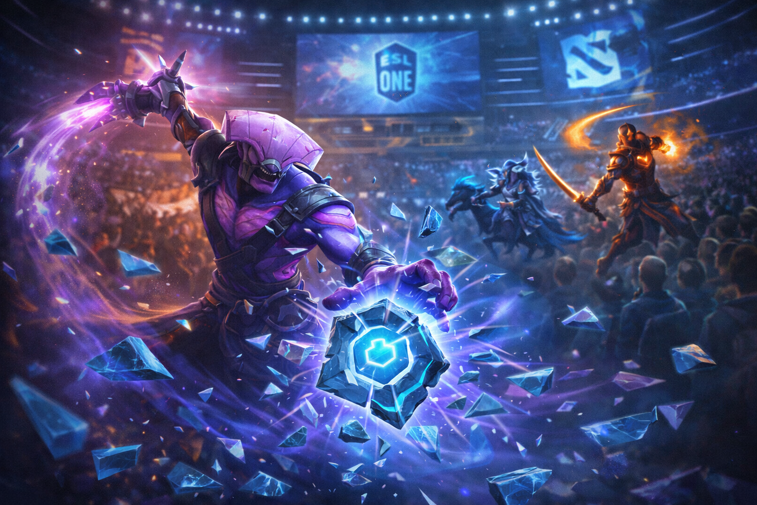 Arte promocional de Dota 2 con héroes en plena pelea dentro de un escenario competitivo, representando el impacto del parche 7.41 en el meta.