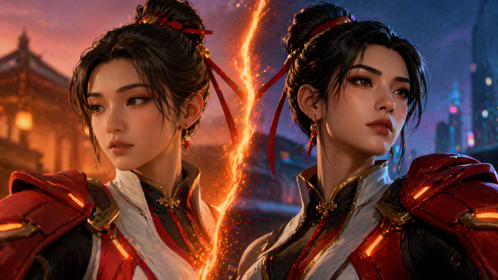 Anran en una composición comparativa con su imagen renovada, mostrando el cambio de apariencia para la Temporada 2 de Overwatch