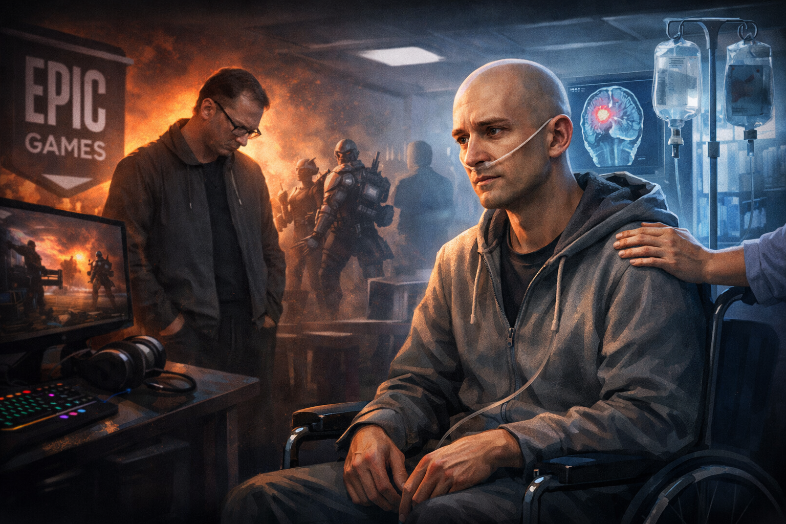 Escena editorial sobre la crisis en Epic Games, con un trabajador afectado por despidos en primer plano, ambiente serio de oficina y referencias visuales al mundo gamer competitivo.