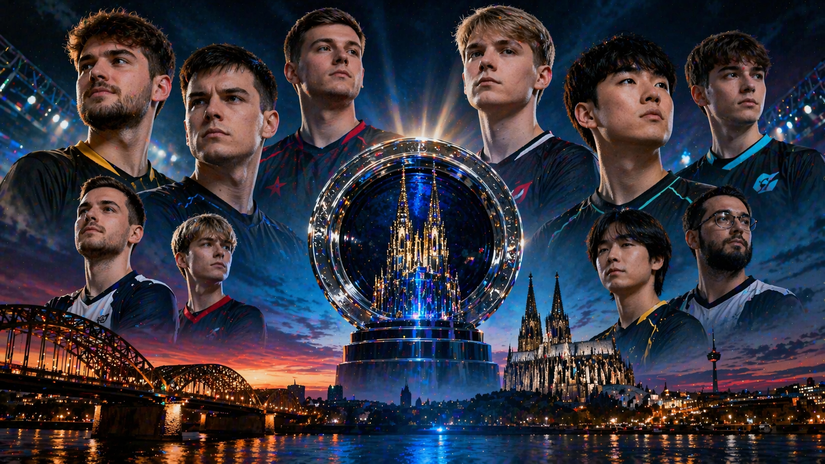 Trofeo del IEM Cologne frente a jugadores y luces de escenario, representando a los 32 equipos clasificados al Major 2026