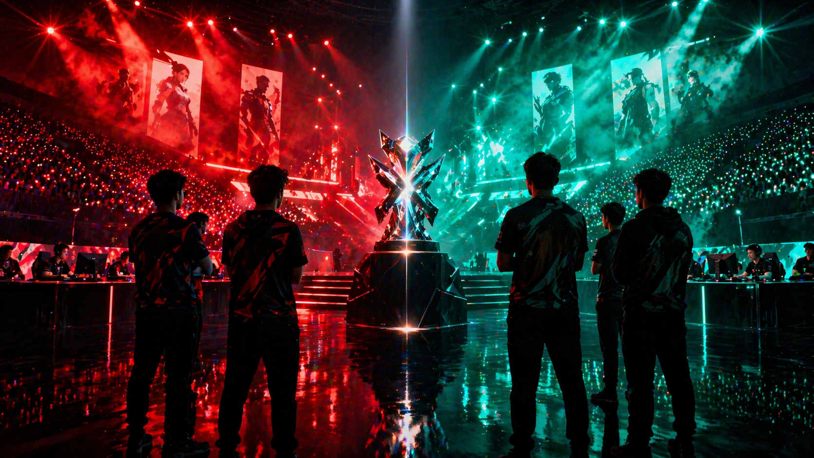 Equipos frente a frente en una arena de VALORANT con un trofeo al centro, representando el nuevo formato abierto del VCT 2027