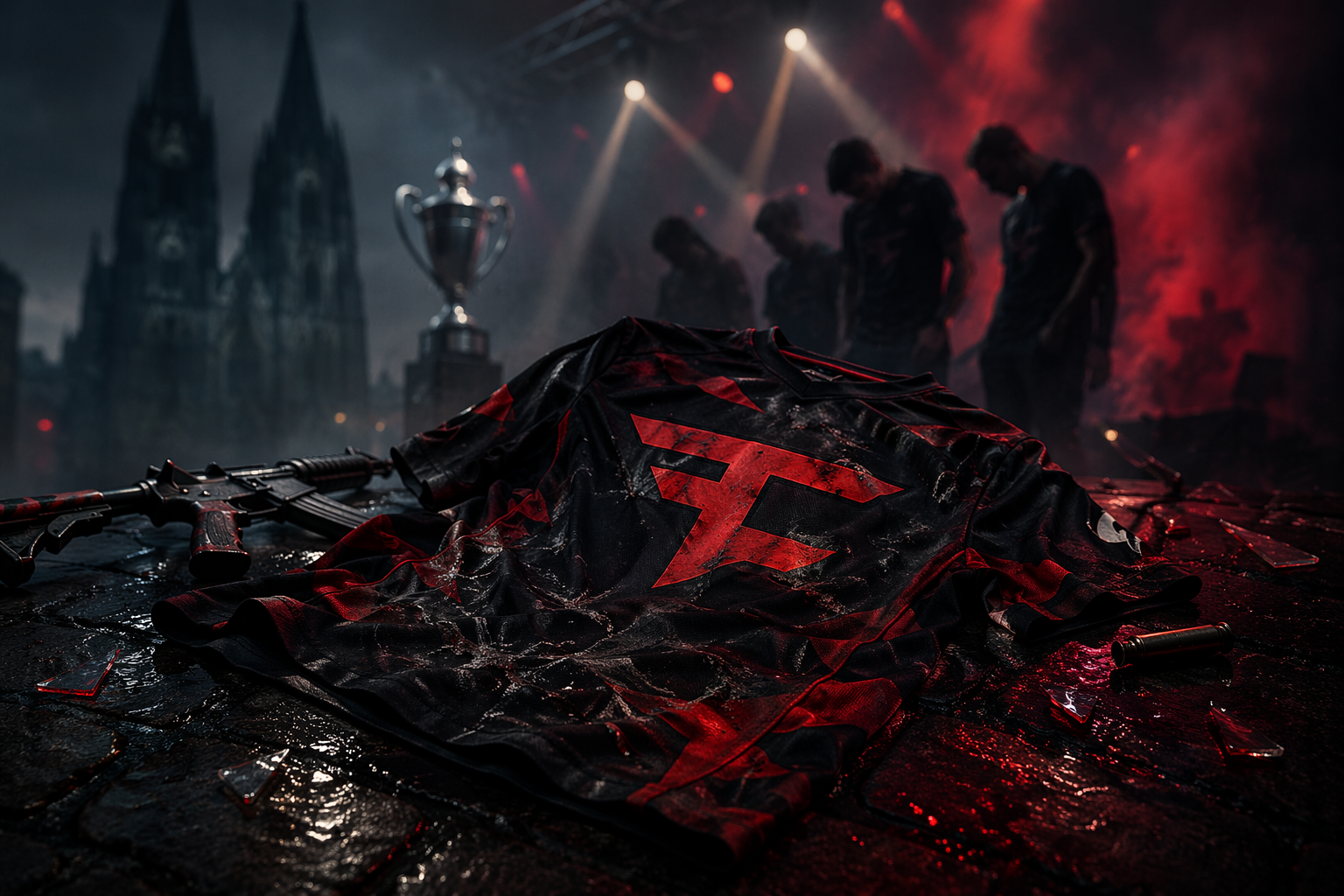 Camiseta de FaZe tirada en el suelo tras una dura derrota, con ambiente oscuro de torneo de Counter-Strike y copa al fondo