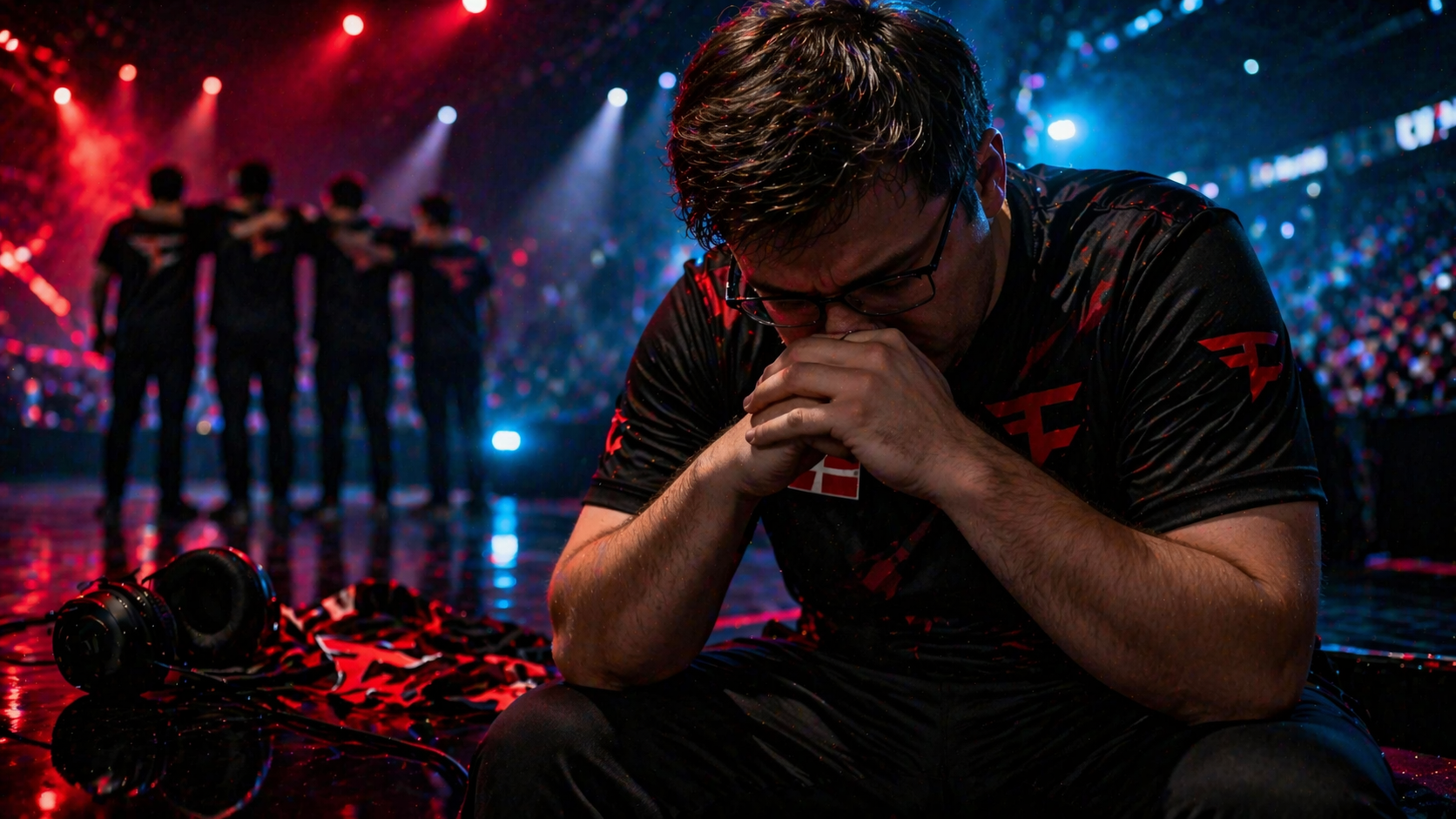 Karrigan cabizbajo en el escenario tras la eliminación de FaZe, con un ambiente tenso y de derrota en plena competencia de CS2