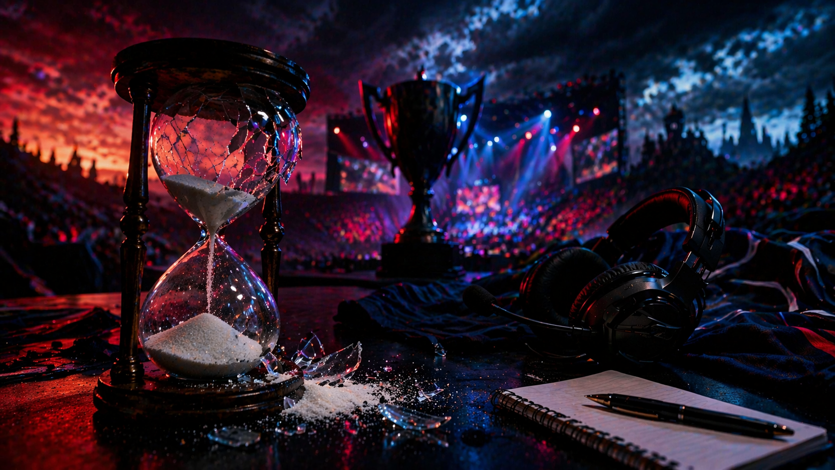 Reloj de arena roto junto a un headset y un trofeo en un escenario de e-sports, representando el retraso del NLC Spring Split 2026