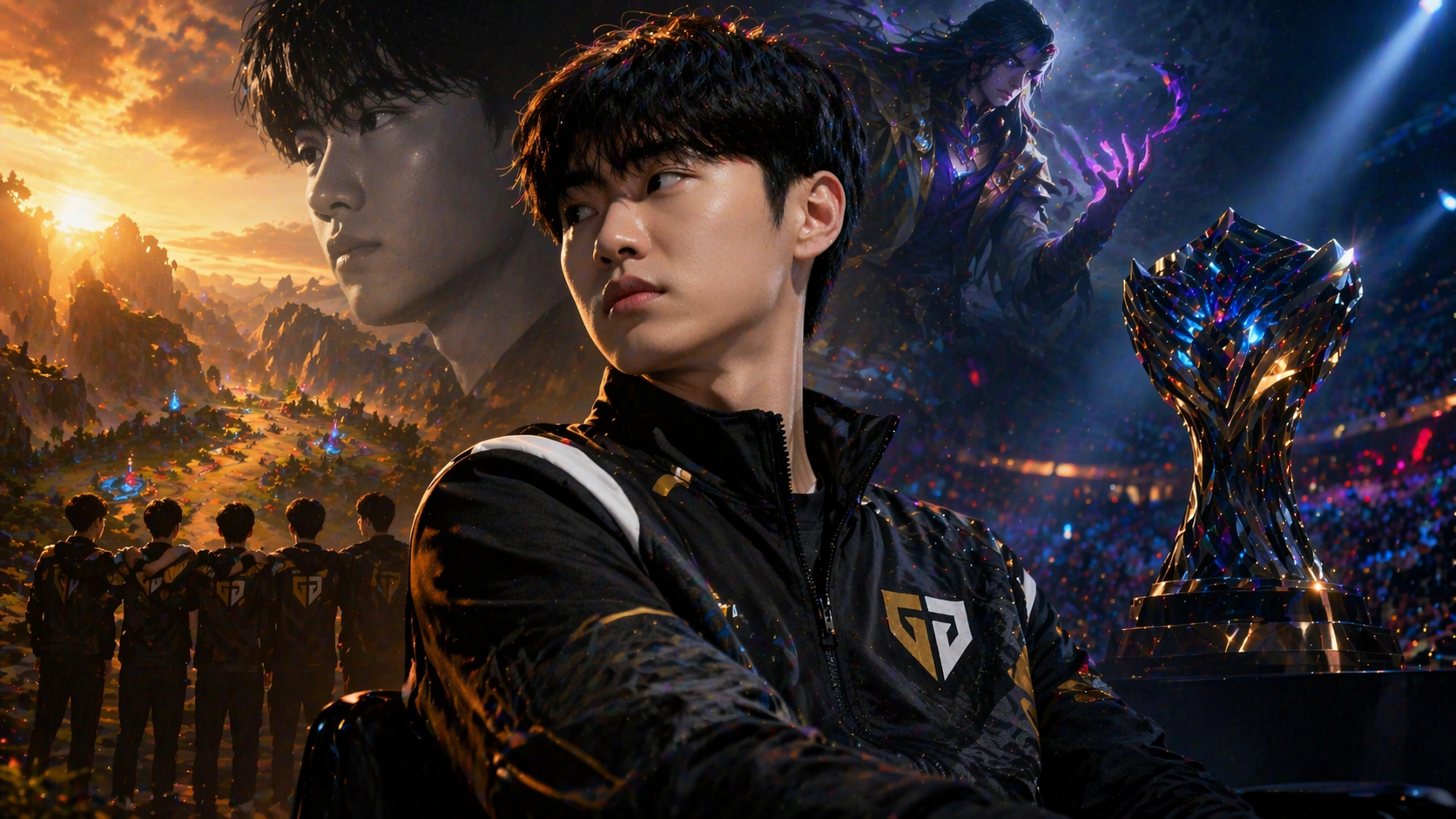 Chovy en primer plano con un trofeo y una escena competitiva de League of Legends al fondo, reflejando su nueva mentalidad con Gen.G