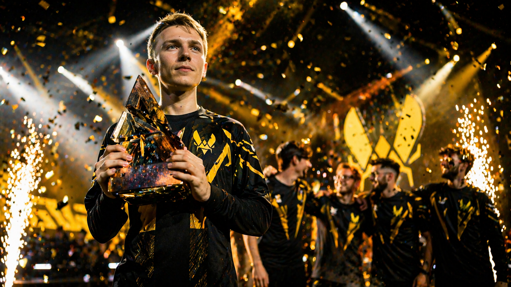 ropz levantando su trofeo MVP en el escenario, mientras Vitality celebra detrás en BLAST Open Rotterdam 2026