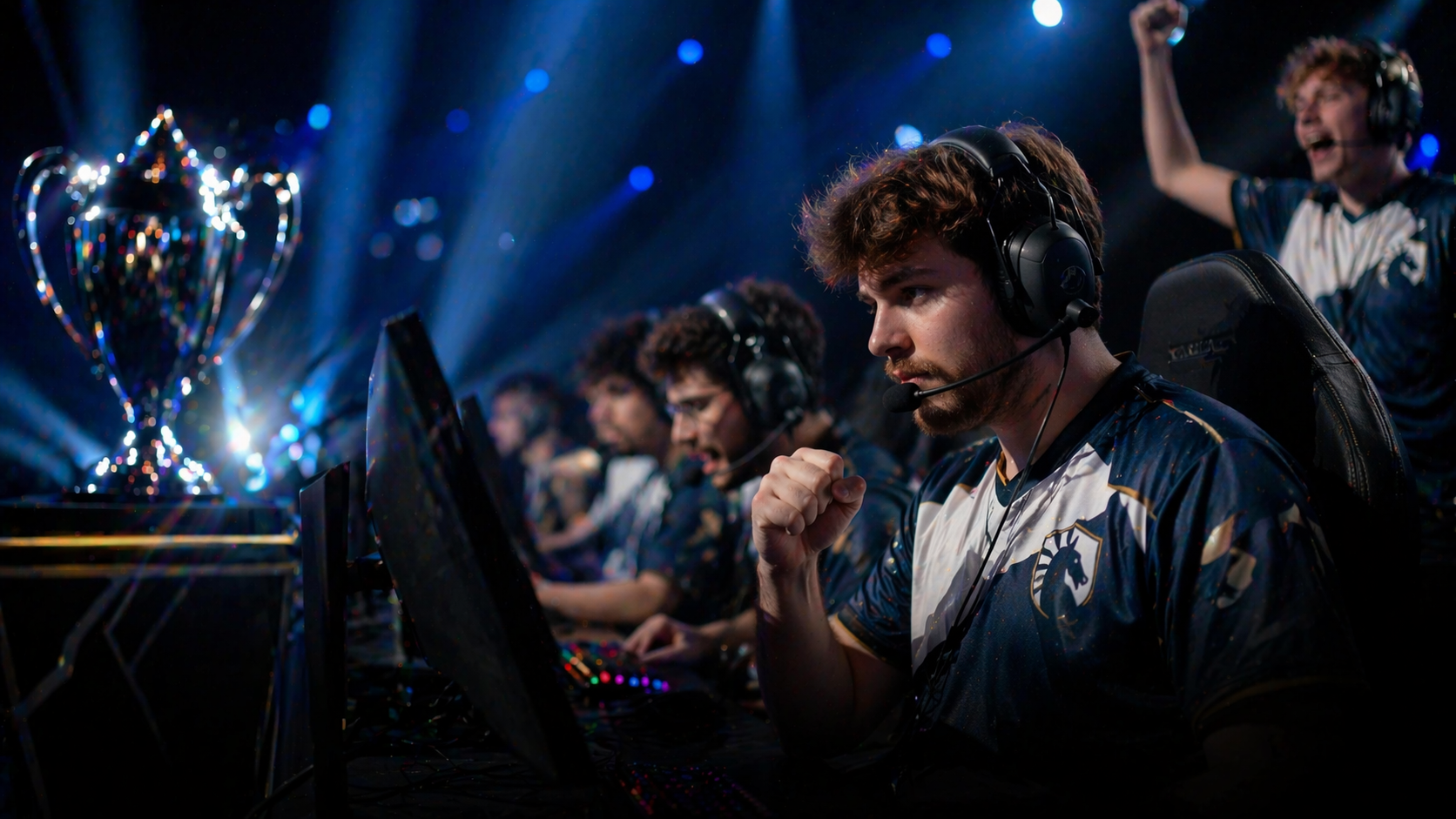 Jugadores de Team Liquid celebrando en un escenario de CS2 bajo luces azules, tras asegurar su paso al IEM Cologne 2026
