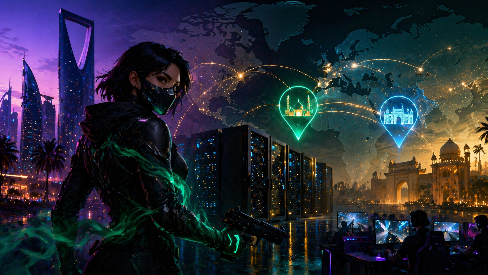 Arte promocional de VALORANT con una agente en primer plano, infraestructura de servidores y una ambientación futurista que representa la conexión entre Riyadh y Mumbai.