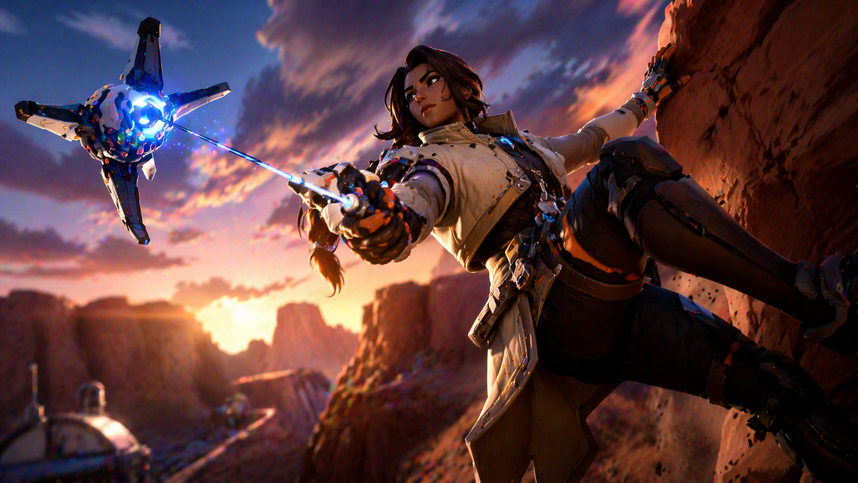 Sierra desplazándose por una pared con su dron en una escena de alta movilidad inspirada en Overwatch