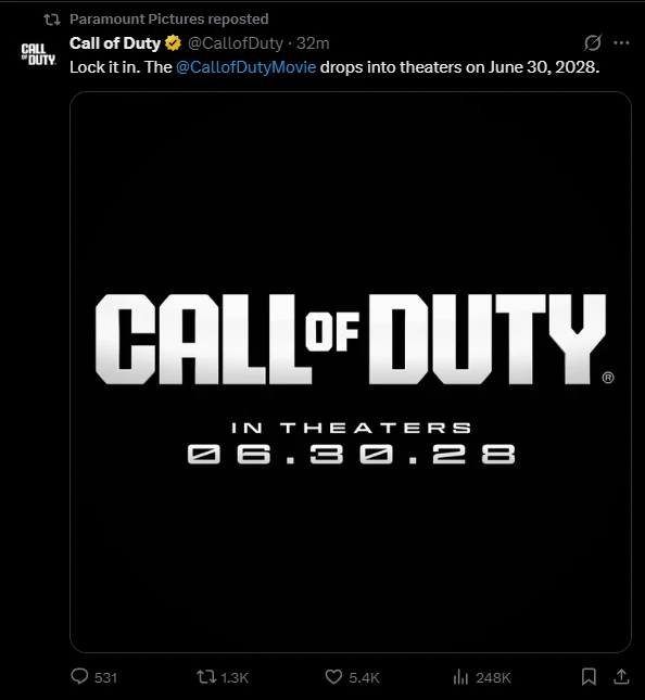 Paramount Pictures compartiendo el anuncio de la película de Call of Duty