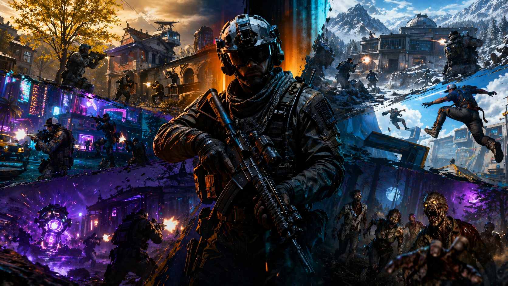 Arte promocional de Black Ops 7 con operadores en combate, escenas de acción intensa y una estética futurista que refleja el contenido de la Temporada 3.