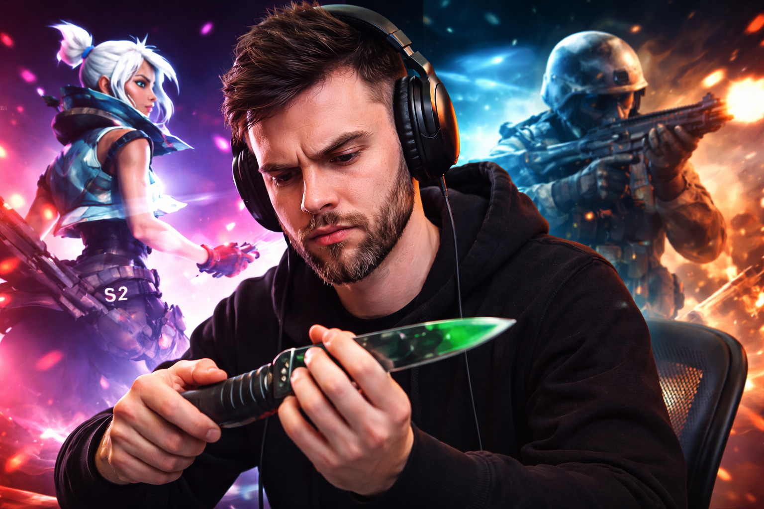Nadeshot revisando un cuchillo en CS2 con referencias visuales a VALORANT y al ambiente competitivo de los esports