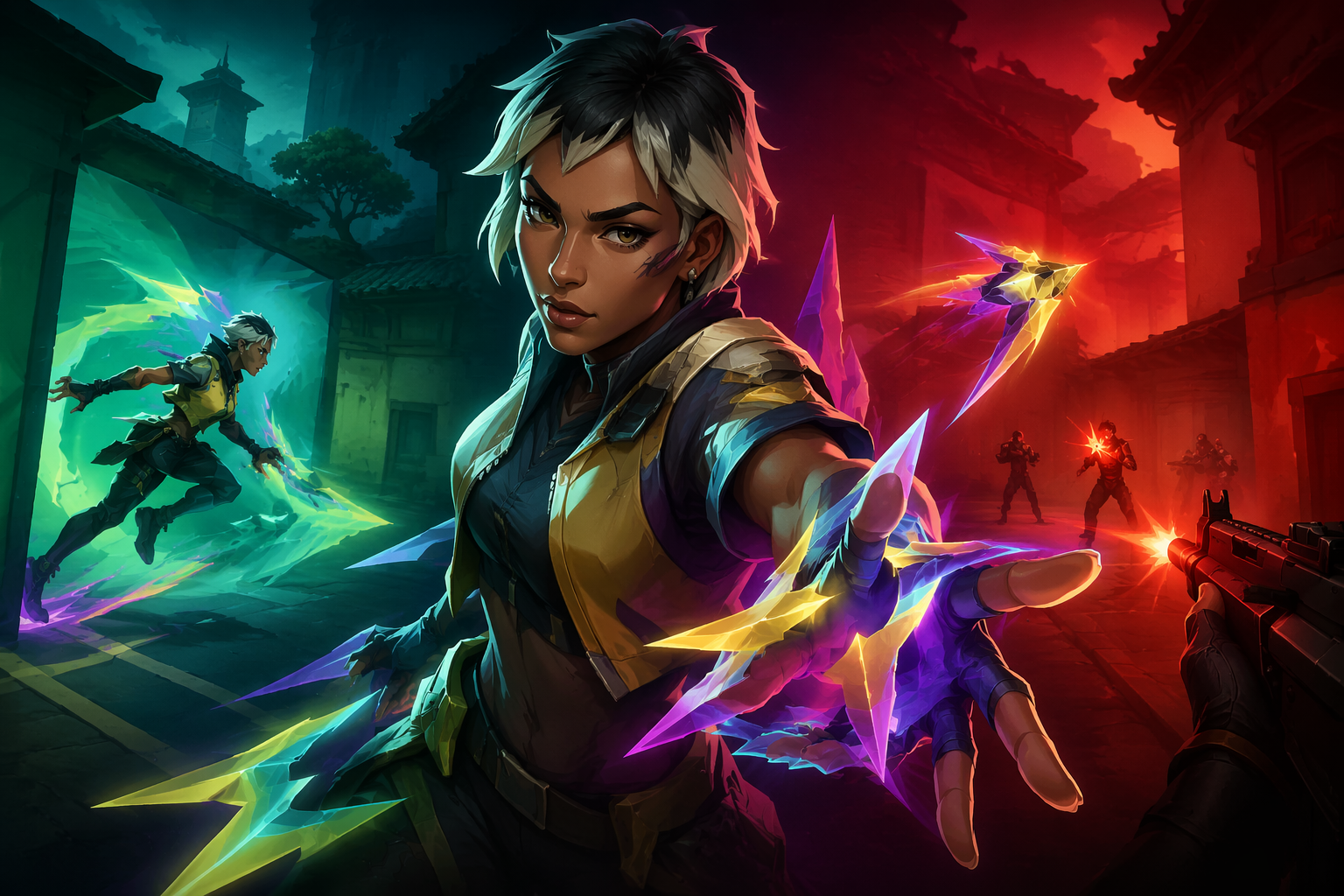 Waylay entra con agresividad en una jugada clave de VALORANT con energía brillante y ambiente competitivo de e-sports