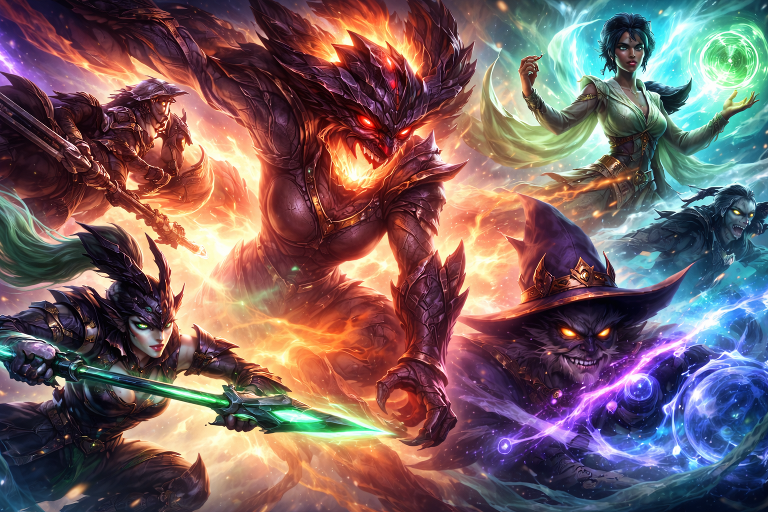 Shyvana al centro de una escena épica de League of Legends junto a Kalista, Rell, Karma y Veigar en una ilustración del parche 26.7