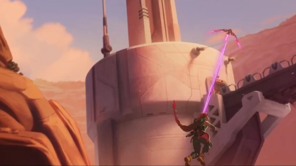Sierra usando su gancho hacia su dron en Overwatch