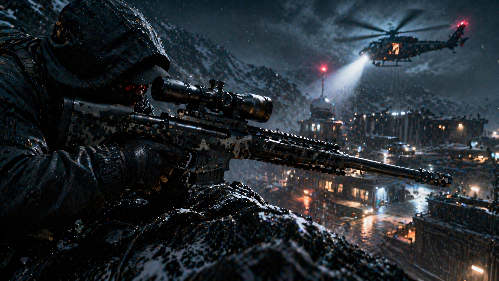 Francotirador con el Strider 300 apuntando desde una zona elevada en una escena nocturna de combate en Black Ops 7