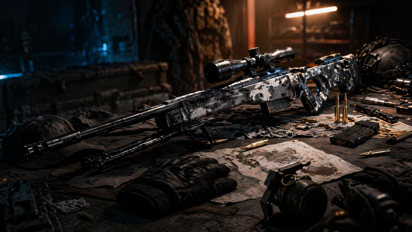 Rifle Strider 300 con camuflaje sobre una mesa táctica, rodeado de equipo militar en un ambiente oscuro de Black Ops 7