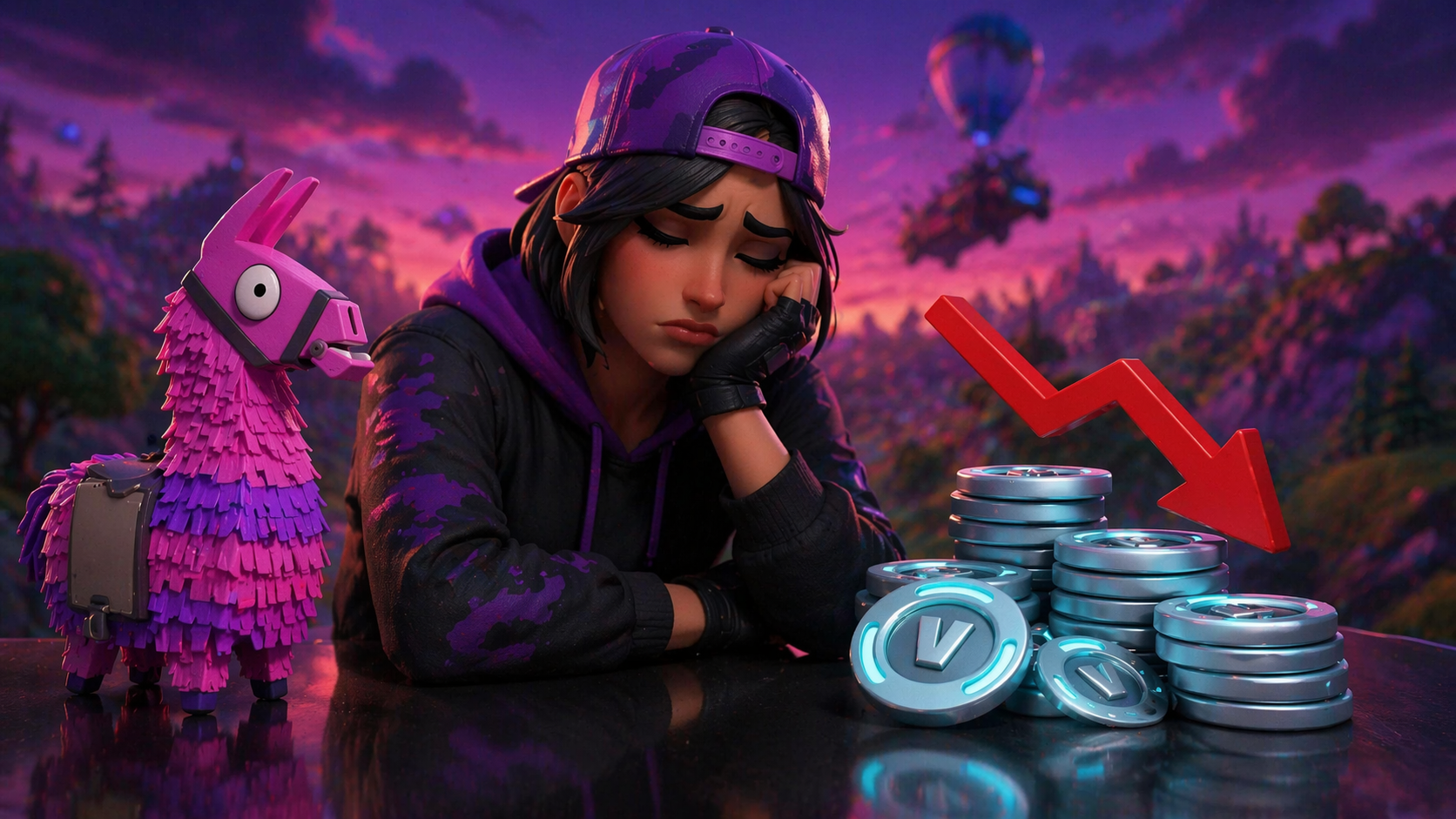 Personaje con expresión de decepción junto a V-Bucks y una llama de Fortnite, mostrando la baja de recompensas en Fortnite Crew