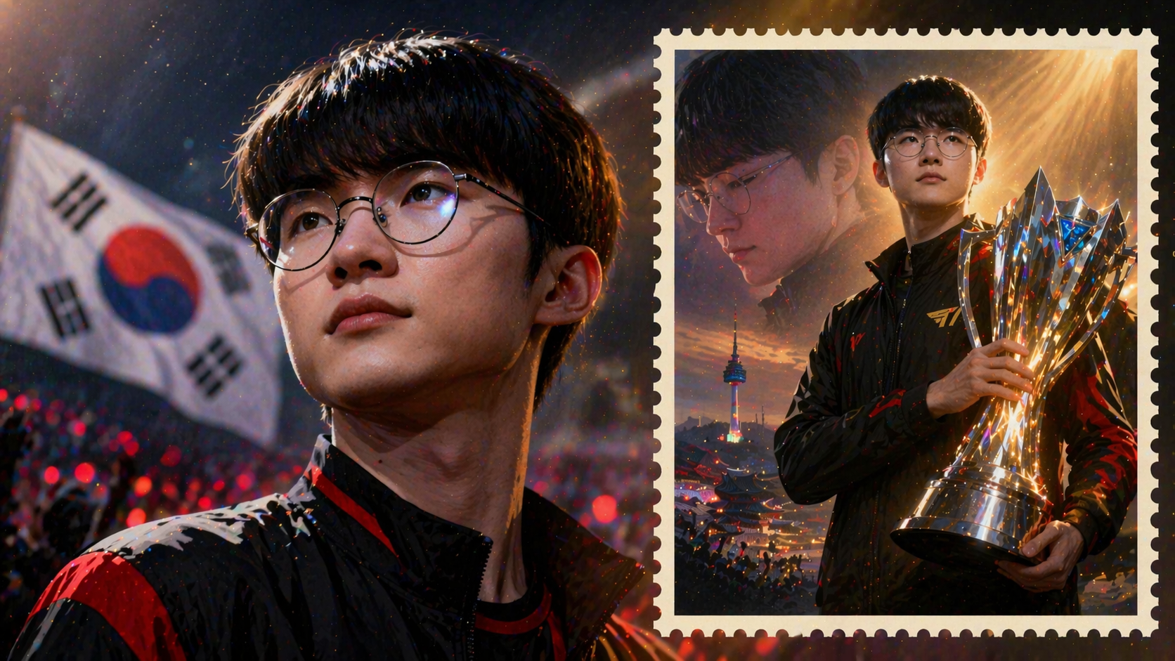 Faker con un trofeo y una estampilla conmemorativa inspirada en Corea del Sur, celebrando su histórico reconocimiento en los esports