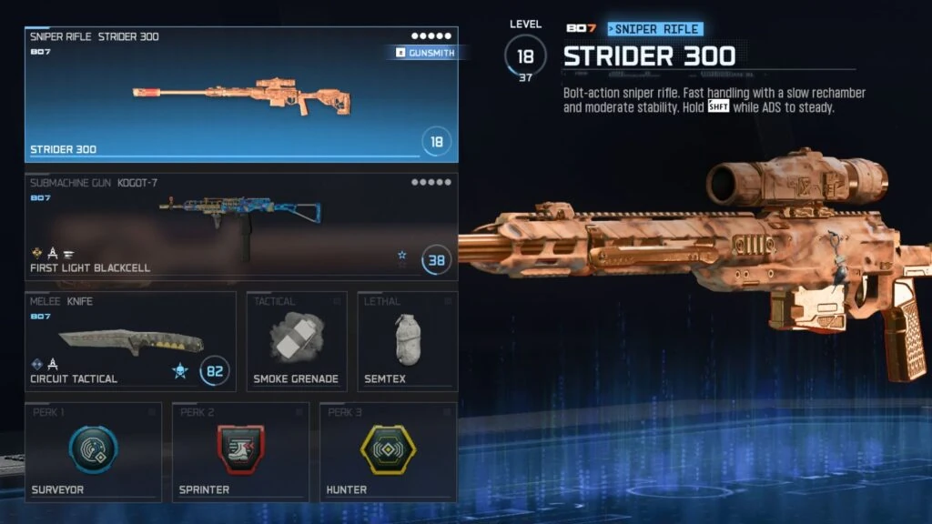 La mejor configuración de clase de Strider 300 en Warzone, mostrando el arma secundaria, perks y equipamiento recomendados
