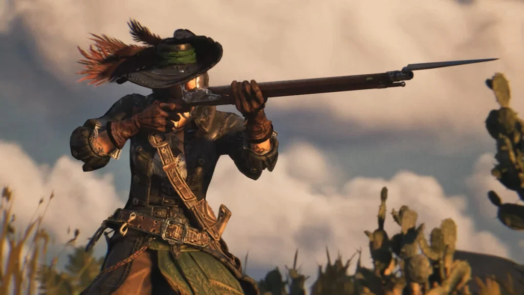 Pirata apuntando con mosquete en Windrose